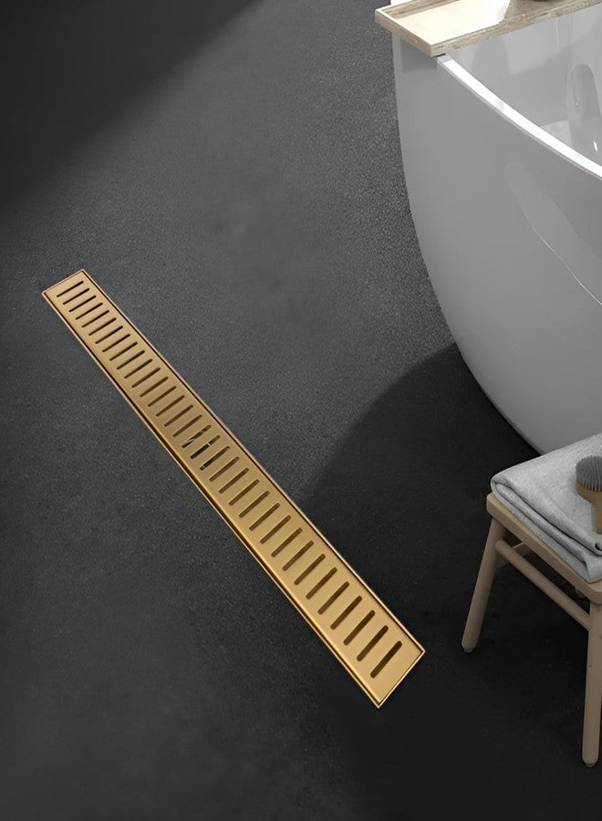 SPAZIO قناة تصريف مياه الاستحمام SPAZIO مطلية بالذهب بتقنية PVD، خطية/عمودية، 24×4 بوصة، طول 24 بوصة | مصفاة أرضية للحمام | شبكة تصريف للحمام | مصنوعة من الفولاذ المقاوم للصدأ 304 | فتحة جانبية (24×4 بوصة) - Image 1